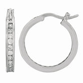 Silver Hined 3X20Mm Cz Hoop Earrings
